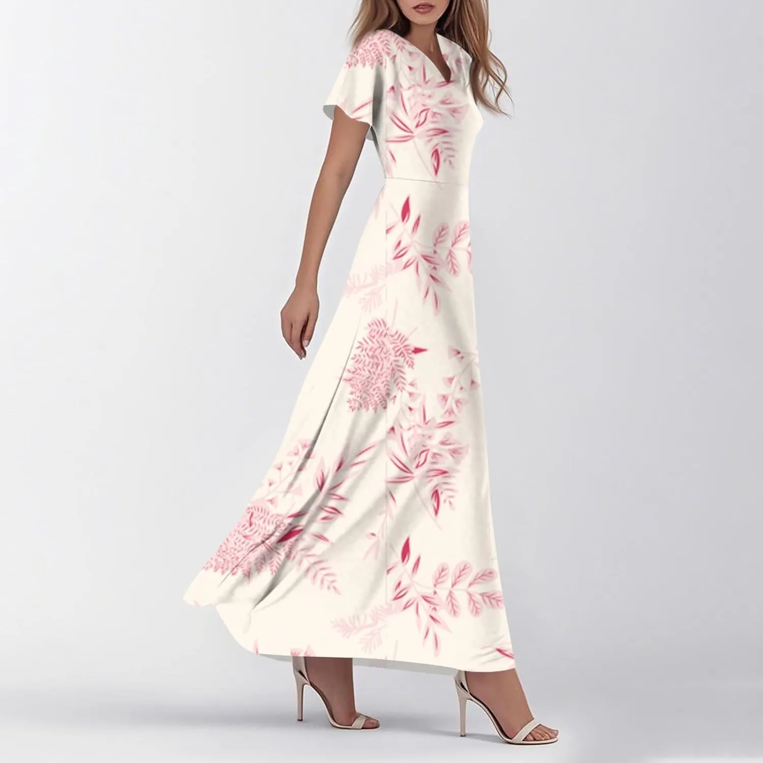 Women's Summer Floral V-Neck Long Dress Casual Short Sleeve Boho Print Sundress with Elastic Waist 2025