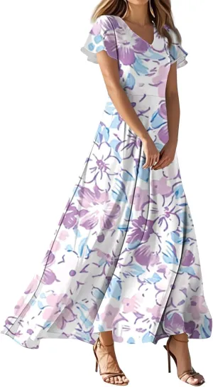 Women's Summer Floral V-Neck Long Dress Casual Short Sleeve Boho Print Sundress with Elastic Waist 2025