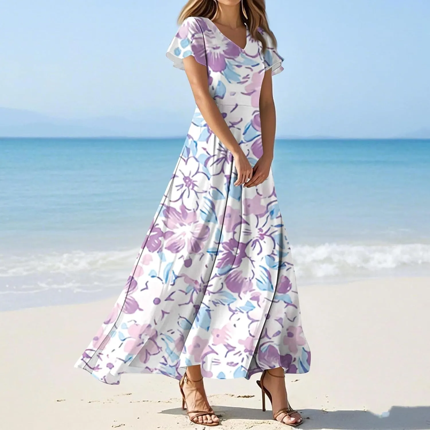Women's Summer Floral V-Neck Long Dress Casual Short Sleeve Boho Print Sundress with Elastic Waist 2025