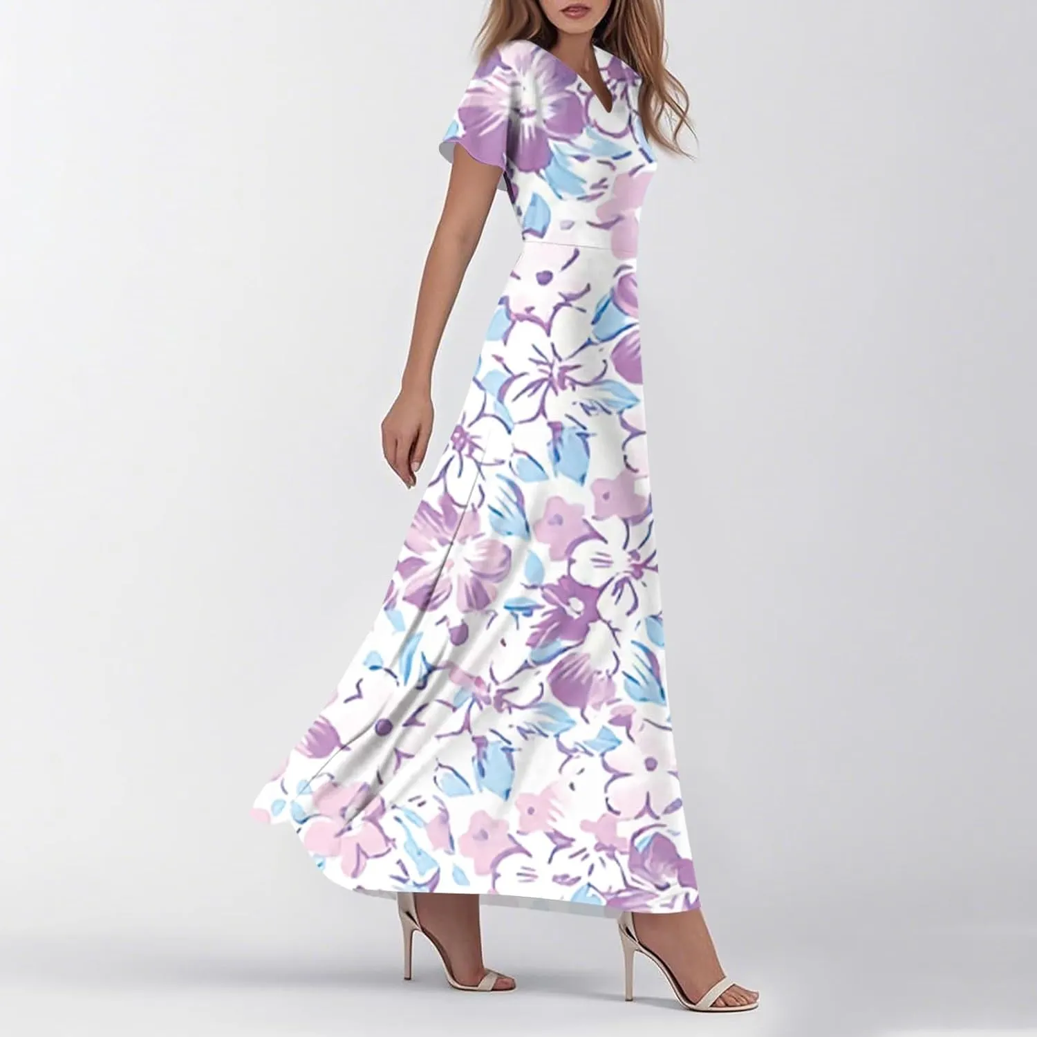 Women's Summer Floral V-Neck Long Dress Casual Short Sleeve Boho Print Sundress with Elastic Waist 2025