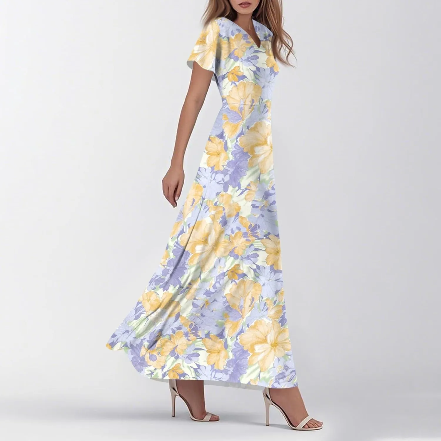 Women's Summer Floral V-Neck Long Dress Casual Short Sleeve Boho Print Sundress with Elastic Waist 2025