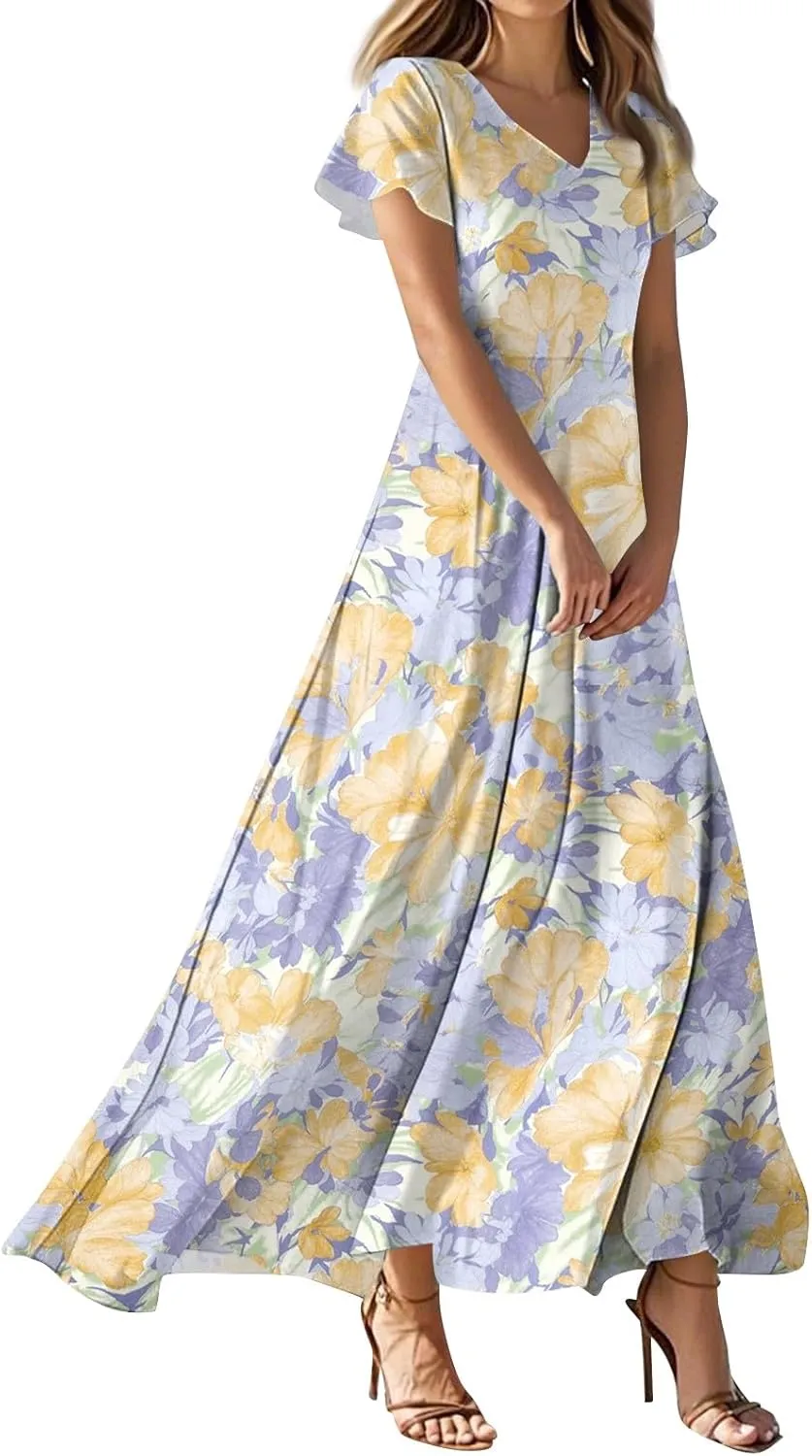 Women's Summer Floral V-Neck Long Dress Casual Short Sleeve Boho Print Sundress with Elastic Waist 2025