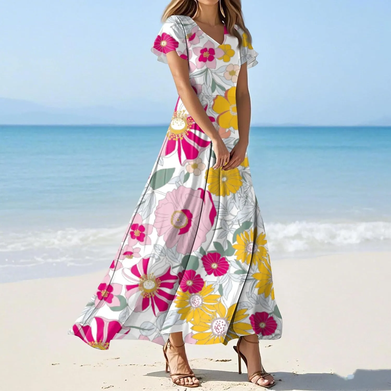 Women's Summer Floral V-Neck Long Dress Casual Short Sleeve Boho Print Sundress with Elastic Waist 2025