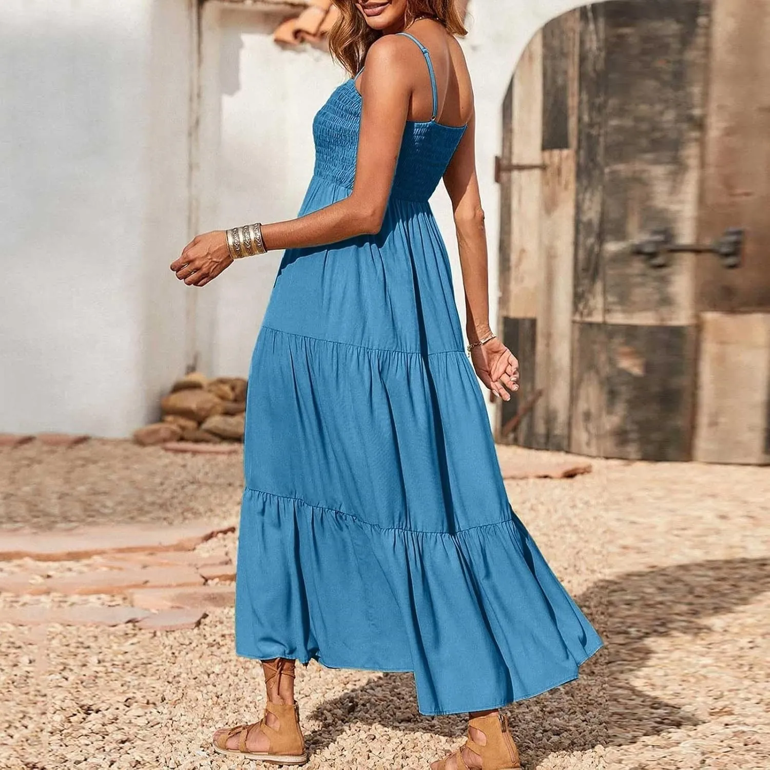 Women's Summer Maxi Dress 2025 Casual Boho Beach Long Dresses Sleeveless Spaghetti Strap Smocked Tiered Sundresses
