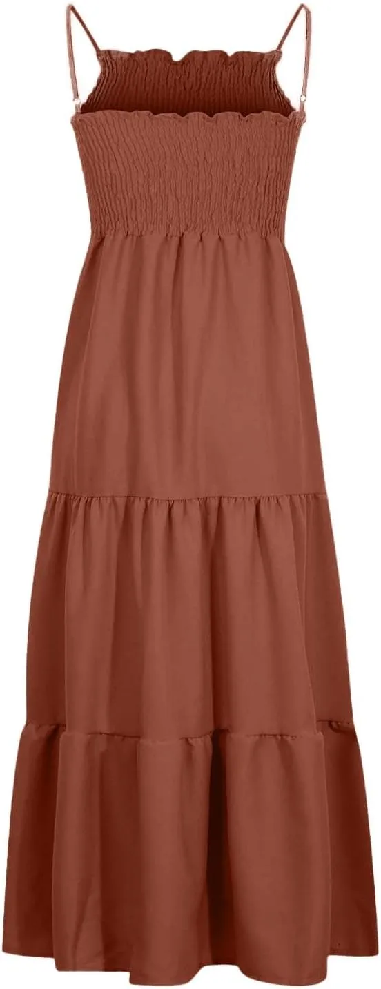 Women's Summer Maxi Dress 2025 Casual Boho Beach Long Dresses Sleeveless Spaghetti Strap Smocked Tiered Sundresses