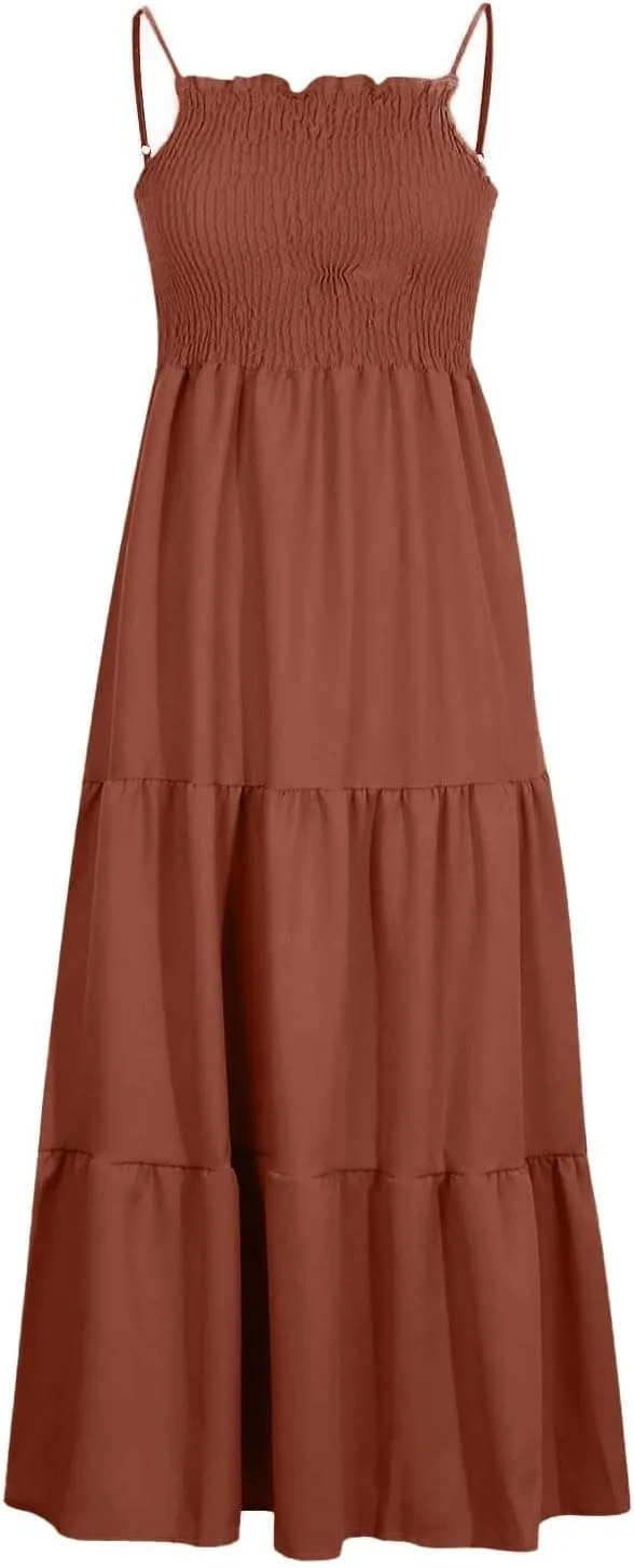Women's Summer Maxi Dress 2025 Casual Boho Beach Long Dresses Sleeveless Spaghetti Strap Smocked Tiered Sundresses