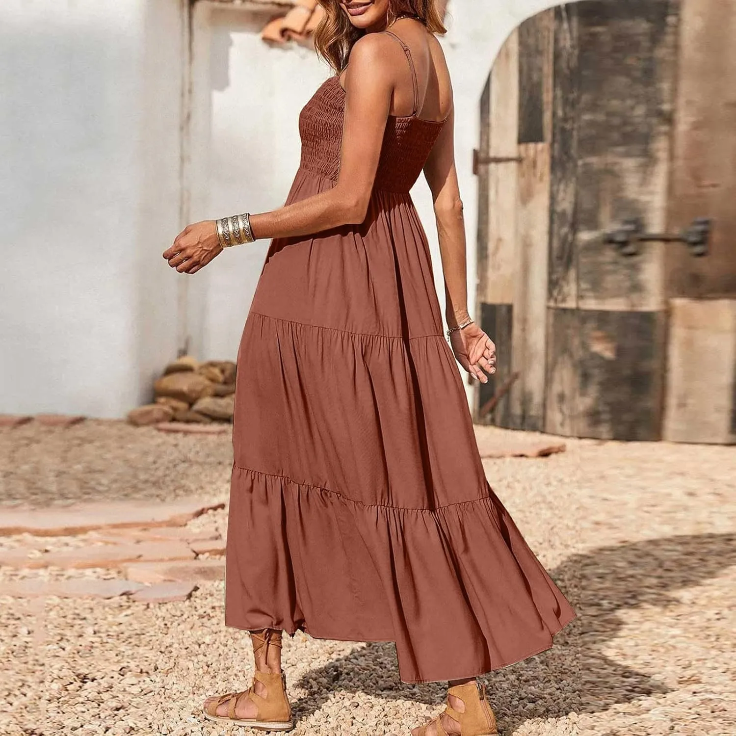 Women's Summer Maxi Dress 2025 Casual Boho Beach Long Dresses Sleeveless Spaghetti Strap Smocked Tiered Sundresses