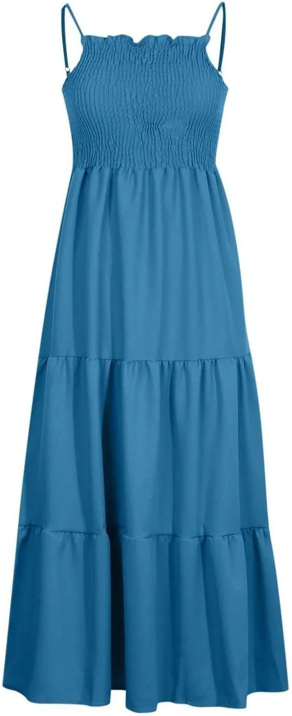 Women's Summer Maxi Dress 2025 Casual Boho Beach Long Dresses Sleeveless Spaghetti Strap Smocked Tiered Sundresses