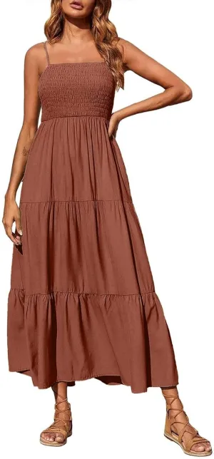 Women's Summer Maxi Dress 2025 Casual Boho Beach Long Dresses Sleeveless Spaghetti Strap Smocked Tiered Sundresses