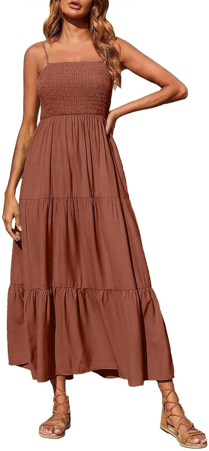 Women's Summer Maxi Dress 2025 Casual Boho Beach Long Dresses Sleeveless Spaghetti Strap Smocked Tiered Sundresses