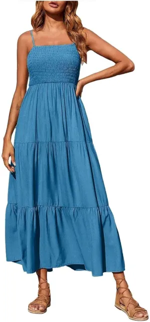 Women's Summer Maxi Dress 2025 Casual Boho Beach Long Dresses Sleeveless Spaghetti Strap Smocked Tiered Sundresses