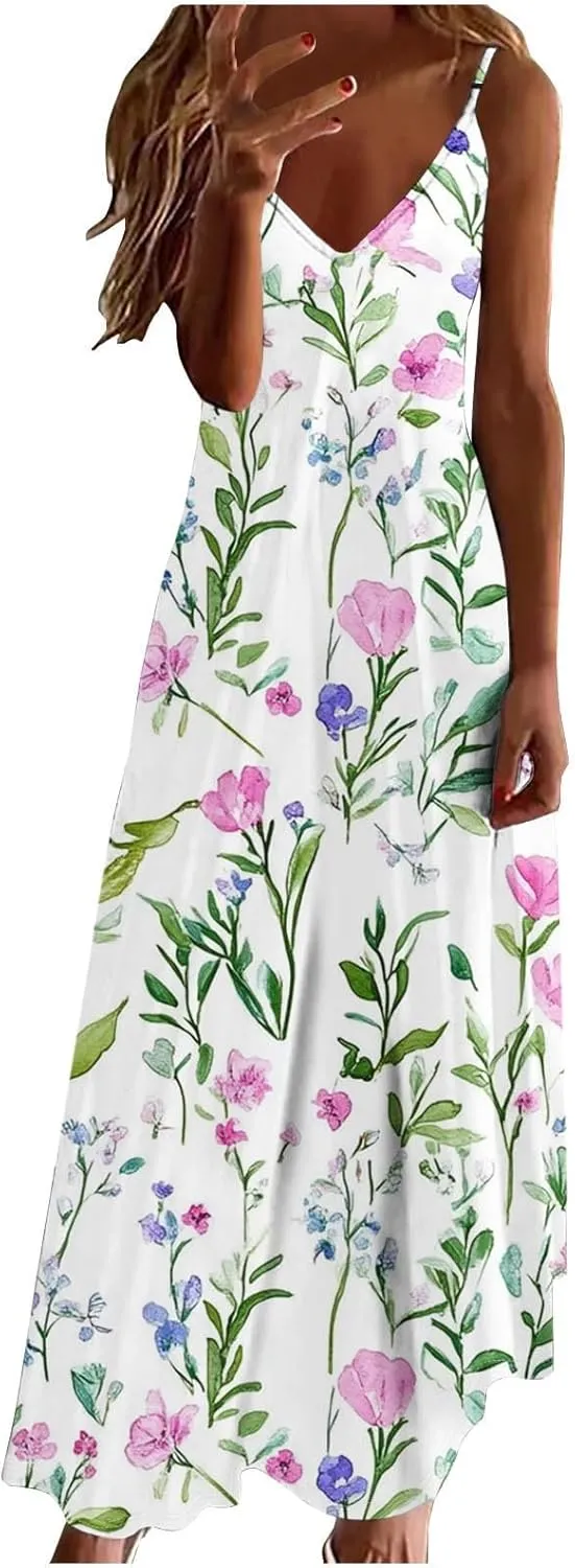 Women's Summer Maxi Dress Casual V-Neck Sleeveless Sundress Bohemian Spaghetti Strap Floral Long Maxi Dresses