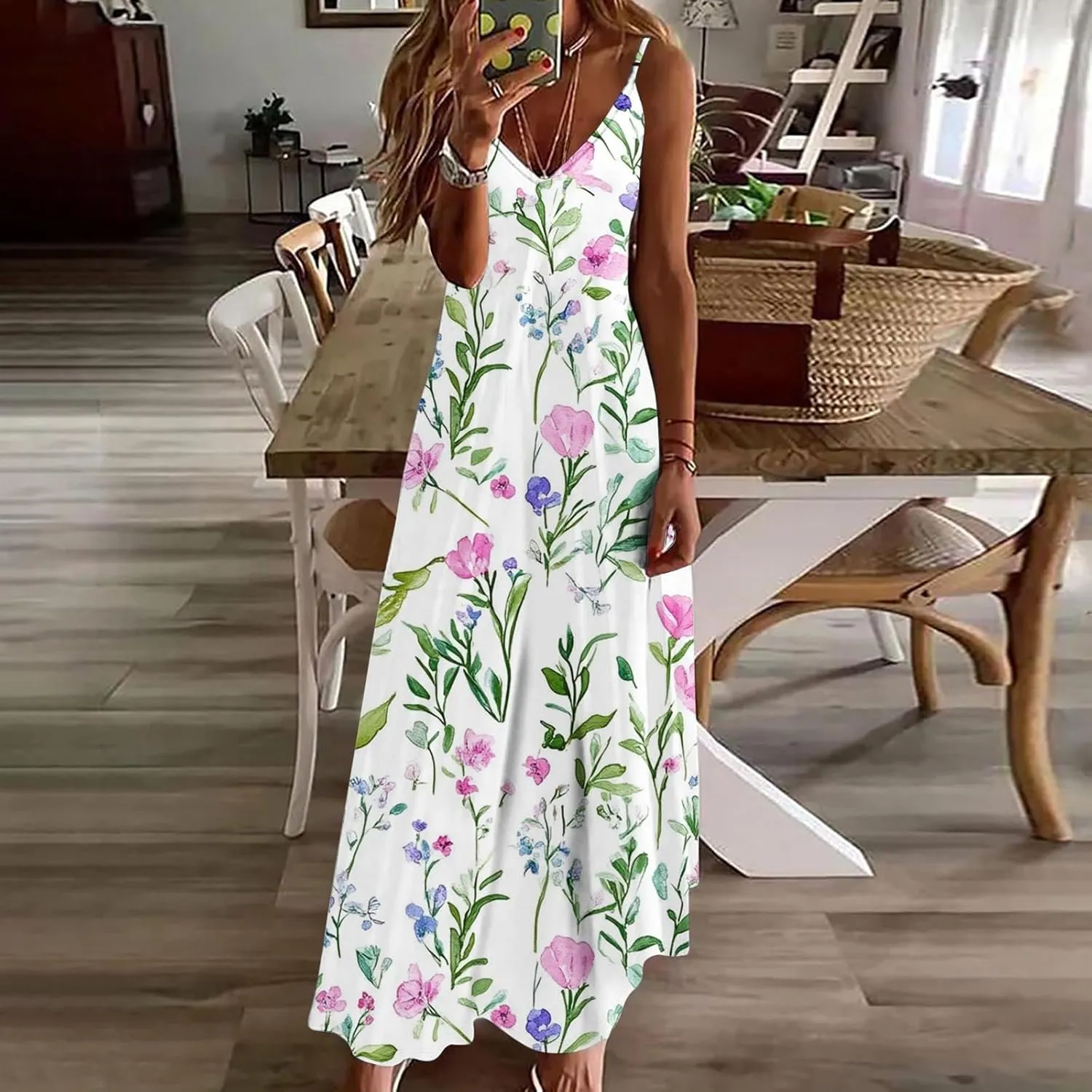 Women's Summer Maxi Dress Casual V-Neck Sleeveless Sundress Bohemian Spaghetti Strap Floral Long Maxi Dresses