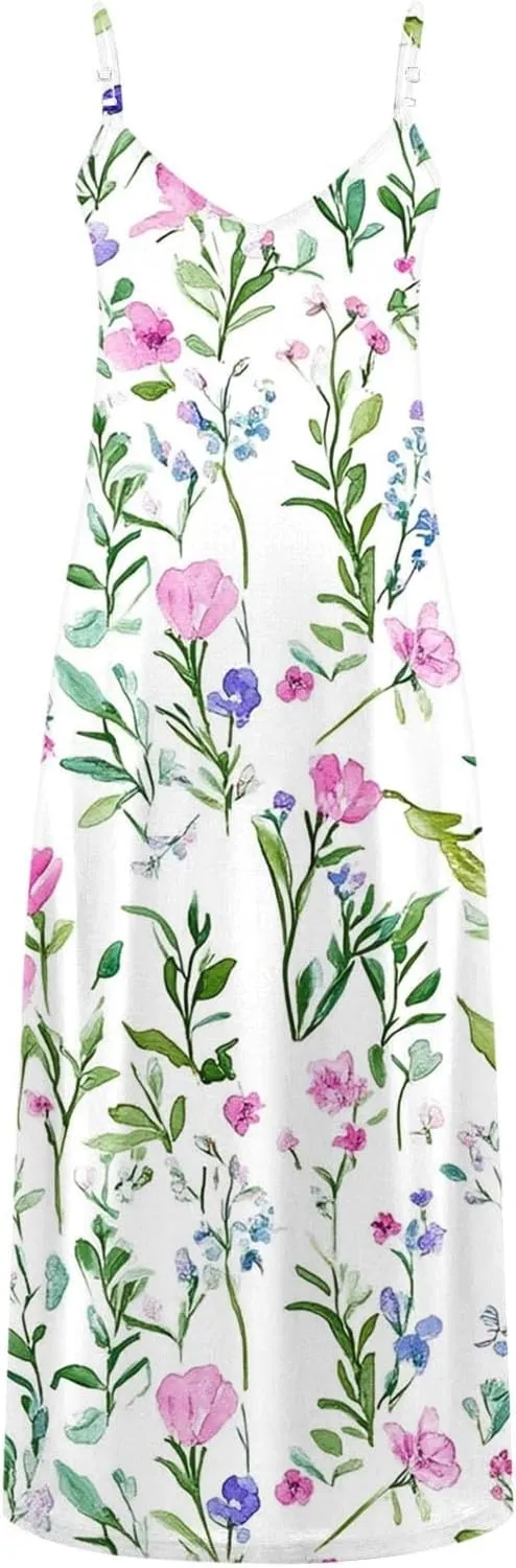 Women's Summer Maxi Dress Casual V-Neck Sleeveless Sundress Bohemian Spaghetti Strap Floral Long Maxi Dresses