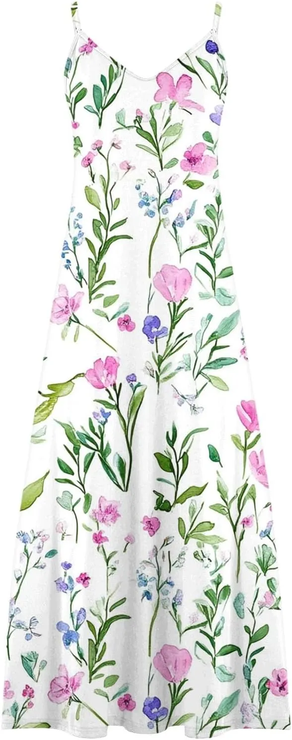 Women's Summer Maxi Dress Casual V-Neck Sleeveless Sundress Bohemian Spaghetti Strap Floral Long Maxi Dresses