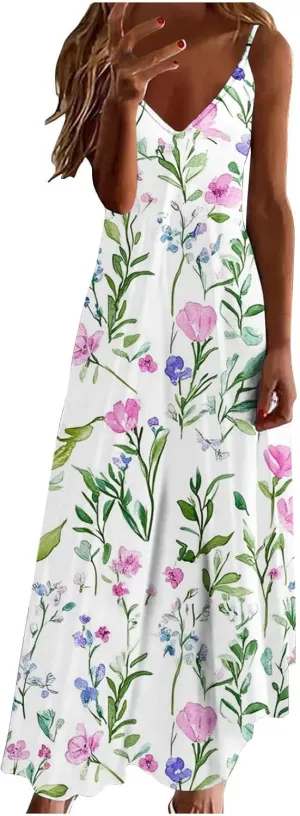 Women's Summer Maxi Dress Casual V-Neck Sleeveless Sundress Bohemian Spaghetti Strap Floral Long Maxi Dresses