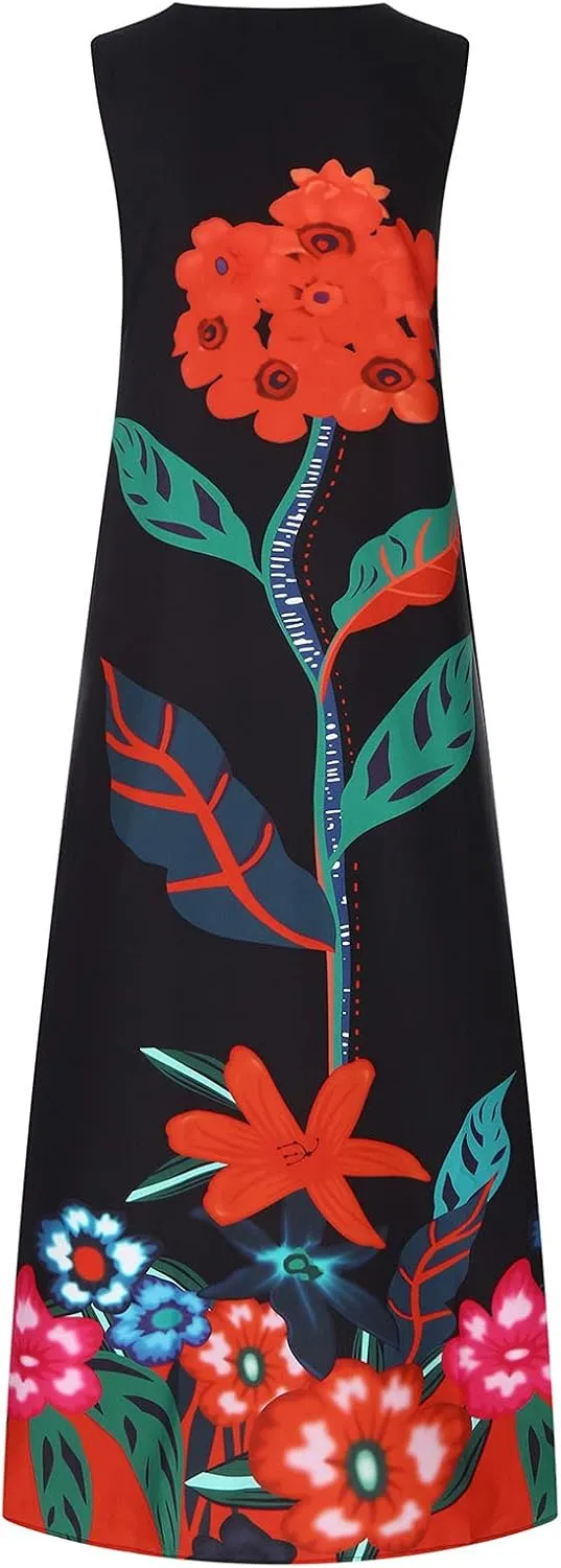 Women's Summer Maxi Dresses Casual Sleeveless Bohemian Floral Print Flowy Dress Vintage Summer Beach Long Sundresses