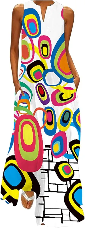 Women's Summer Maxi Dresses Casual Sleeveless Bohemian Floral Print Flowy Dress Vintage Summer Beach Long Sundresses