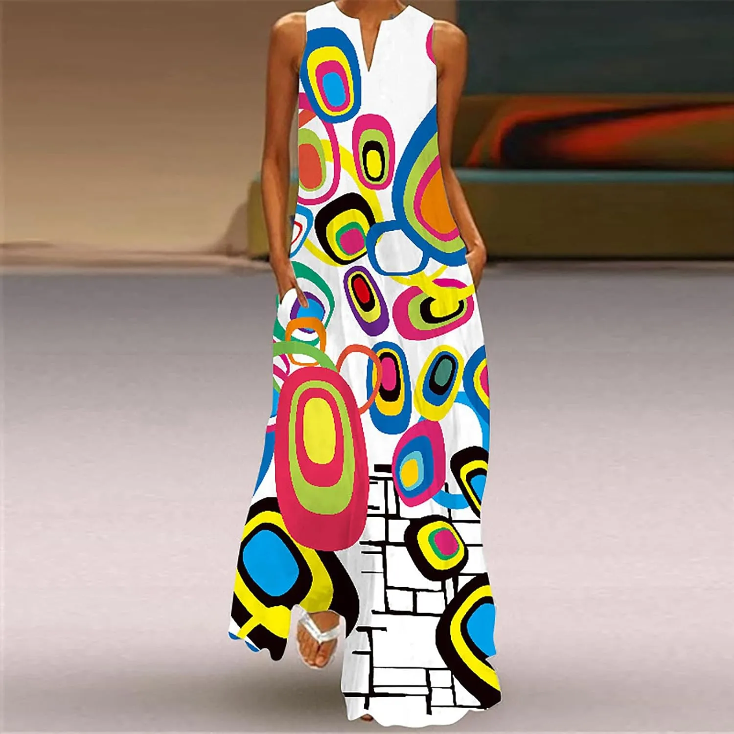 Women's Summer Maxi Dresses Casual Sleeveless Bohemian Floral Print Flowy Dress Vintage Summer Beach Long Sundresses