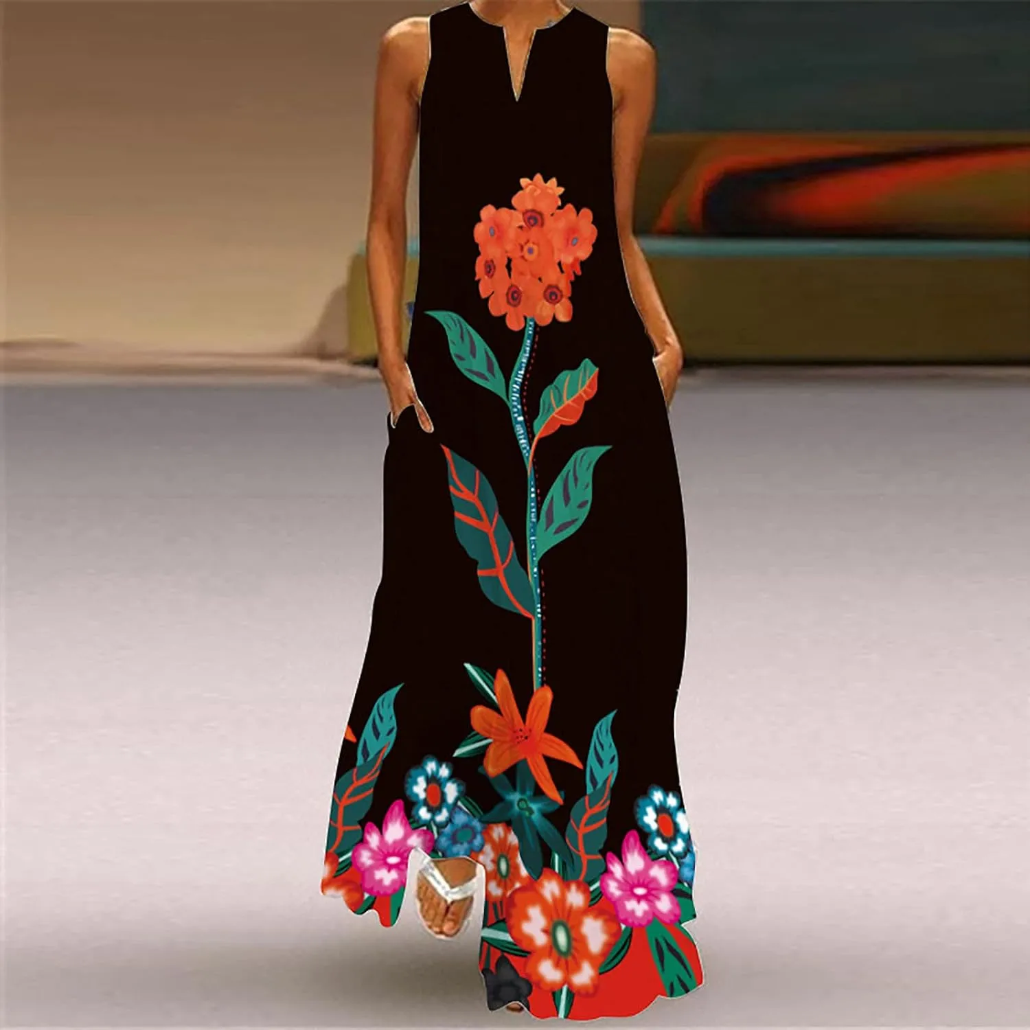Women's Summer Maxi Dresses Casual Sleeveless Bohemian Floral Print Flowy Dress Vintage Summer Beach Long Sundresses