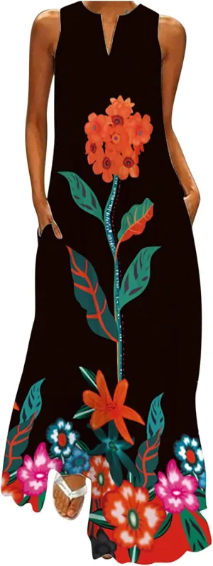 Women's Summer Maxi Dresses Casual Sleeveless Bohemian Floral Print Flowy Dress Vintage Summer Beach Long Sundresses