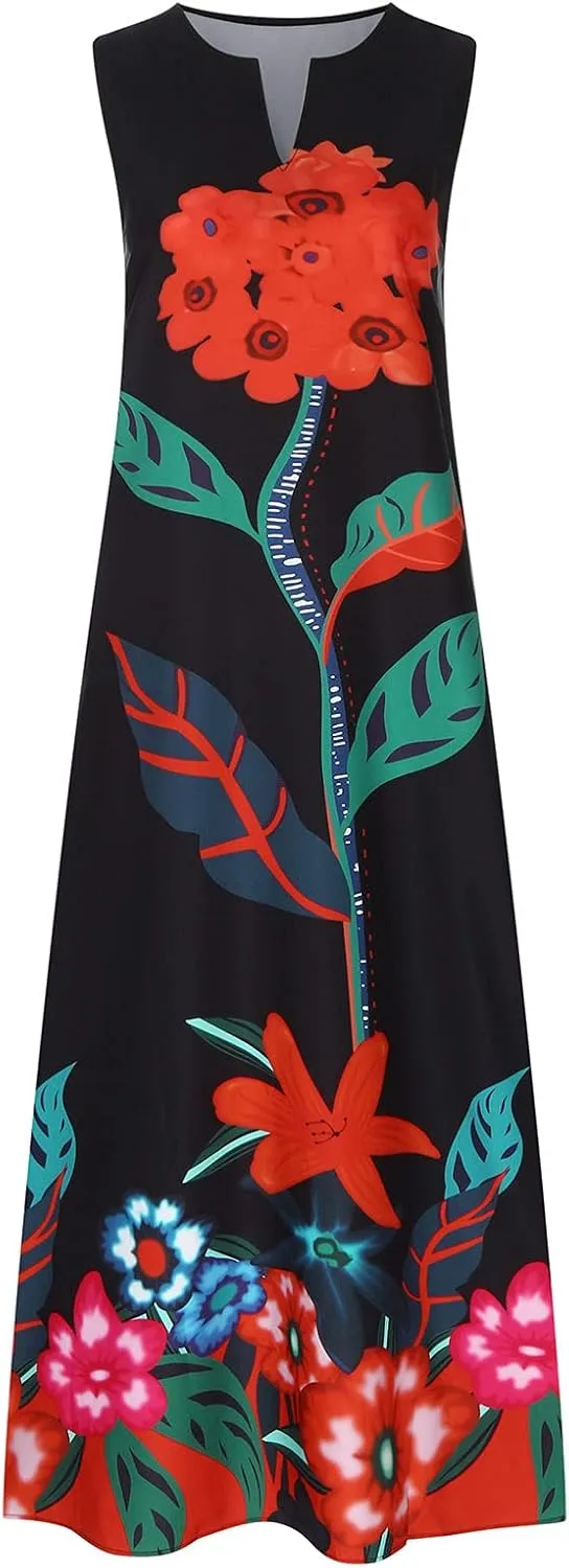 Women's Summer Maxi Dresses Casual Sleeveless Bohemian Floral Print Flowy Dress Vintage Summer Beach Long Sundresses