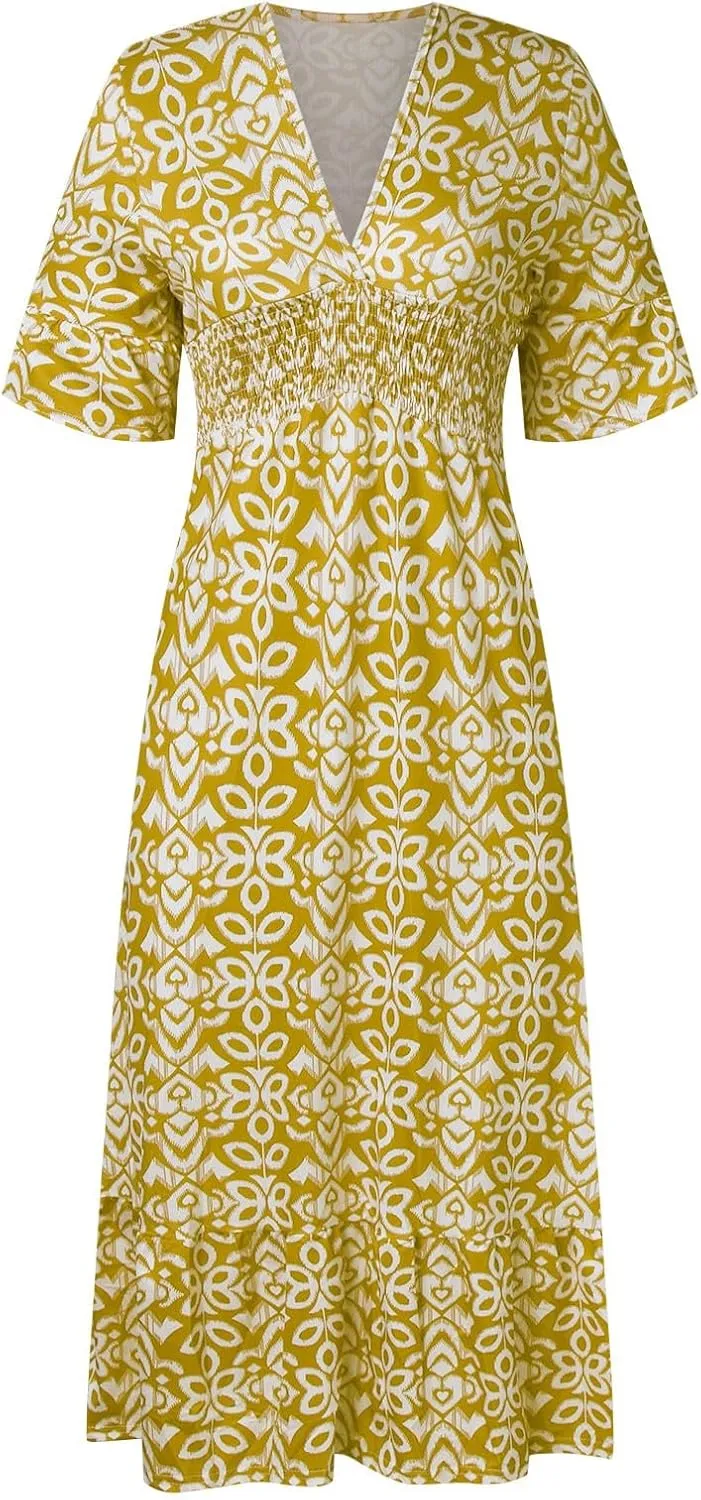 Womens Summer Maxi Dresses V Neck Floral Print Long Swing Dress 3/4 Sleeve Loose Casual Boho Beach Sun Dress