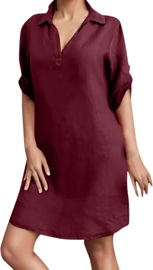 Women's Summer Midi Shirt Dresses Button Down 1/2 Sleeve Lapel Casual Cotton Linen Dress Linen Shirt Dress Loose Maxi Dresses