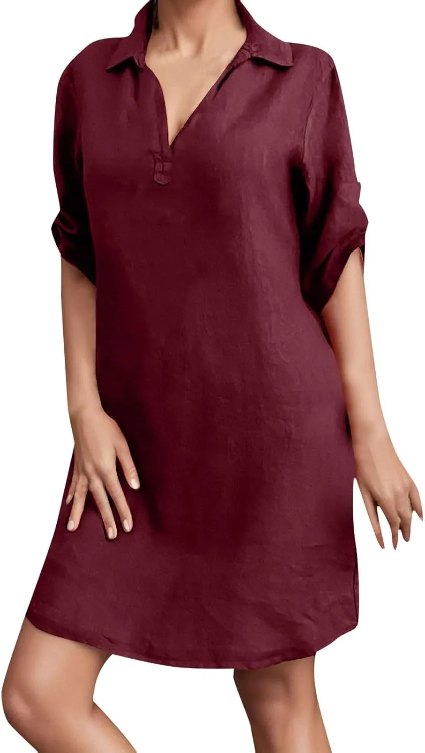 Women's Summer Midi Shirt Dresses Button Down 1/2 Sleeve Lapel Casual Cotton Linen Dress Linen Shirt Dress Loose Maxi Dresses