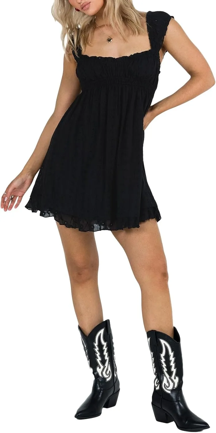 Womens Summer Mini Dress Casual Loose Floral Embroidery Ruffle A Line Dress Sleeveless Backless Short Beach Sundress