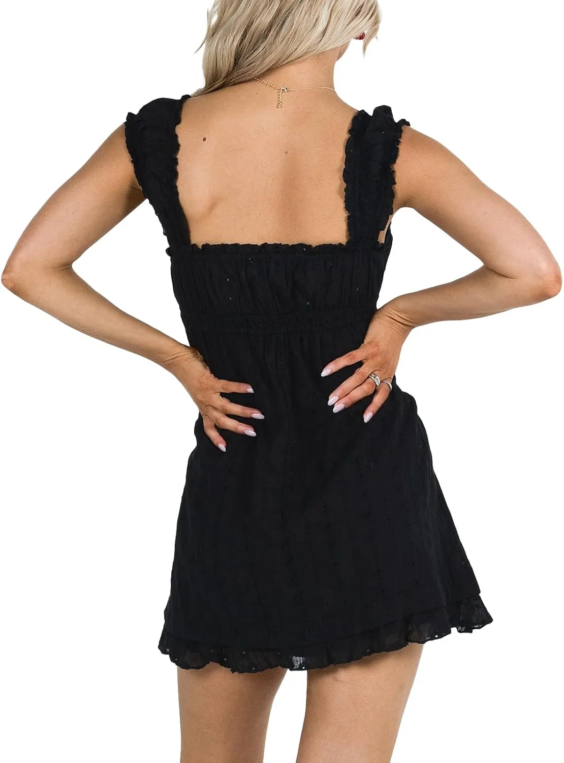 Womens Summer Mini Dress Casual Loose Floral Embroidery Ruffle A Line Dress Sleeveless Backless Short Beach Sundress