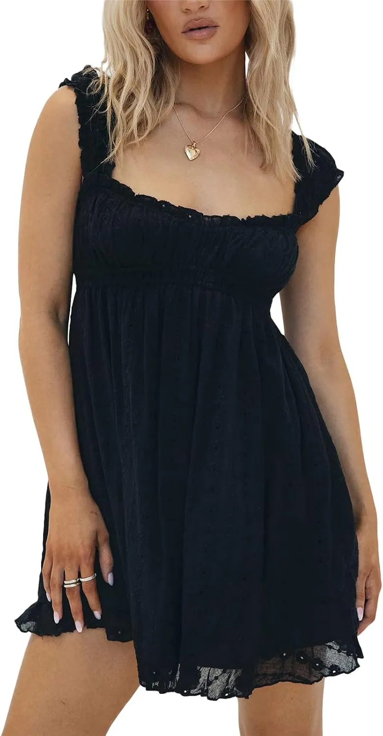 Womens Summer Mini Dress Casual Loose Floral Embroidery Ruffle A Line Dress Sleeveless Backless Short Beach Sundress