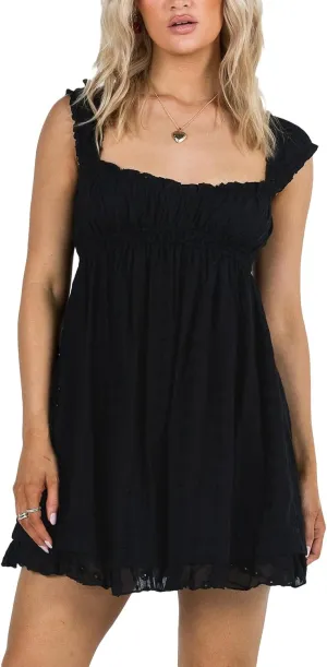 Womens Summer Mini Dress Casual Loose Floral Embroidery Ruffle A Line Dress Sleeveless Backless Short Beach Sundress
