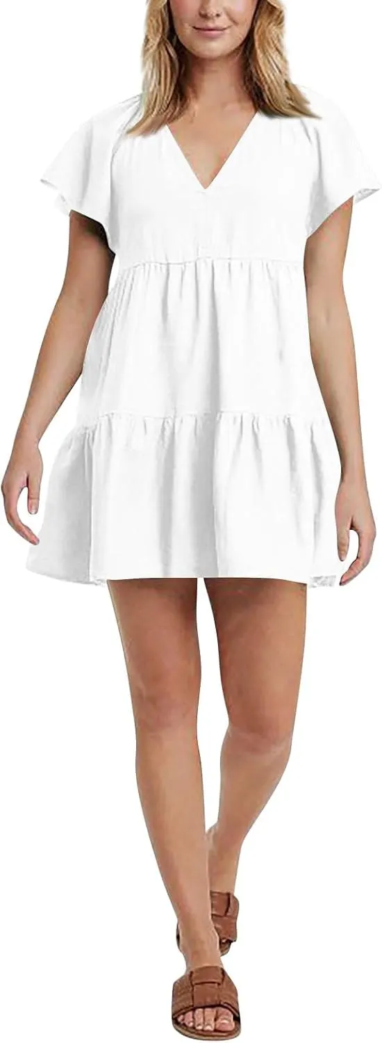 Womens Summer Ruffle Sleeve V Neck Mini Dress 2024 Fashion Casual Flowy A Line Tiered Boho Beach Vacation Sundress