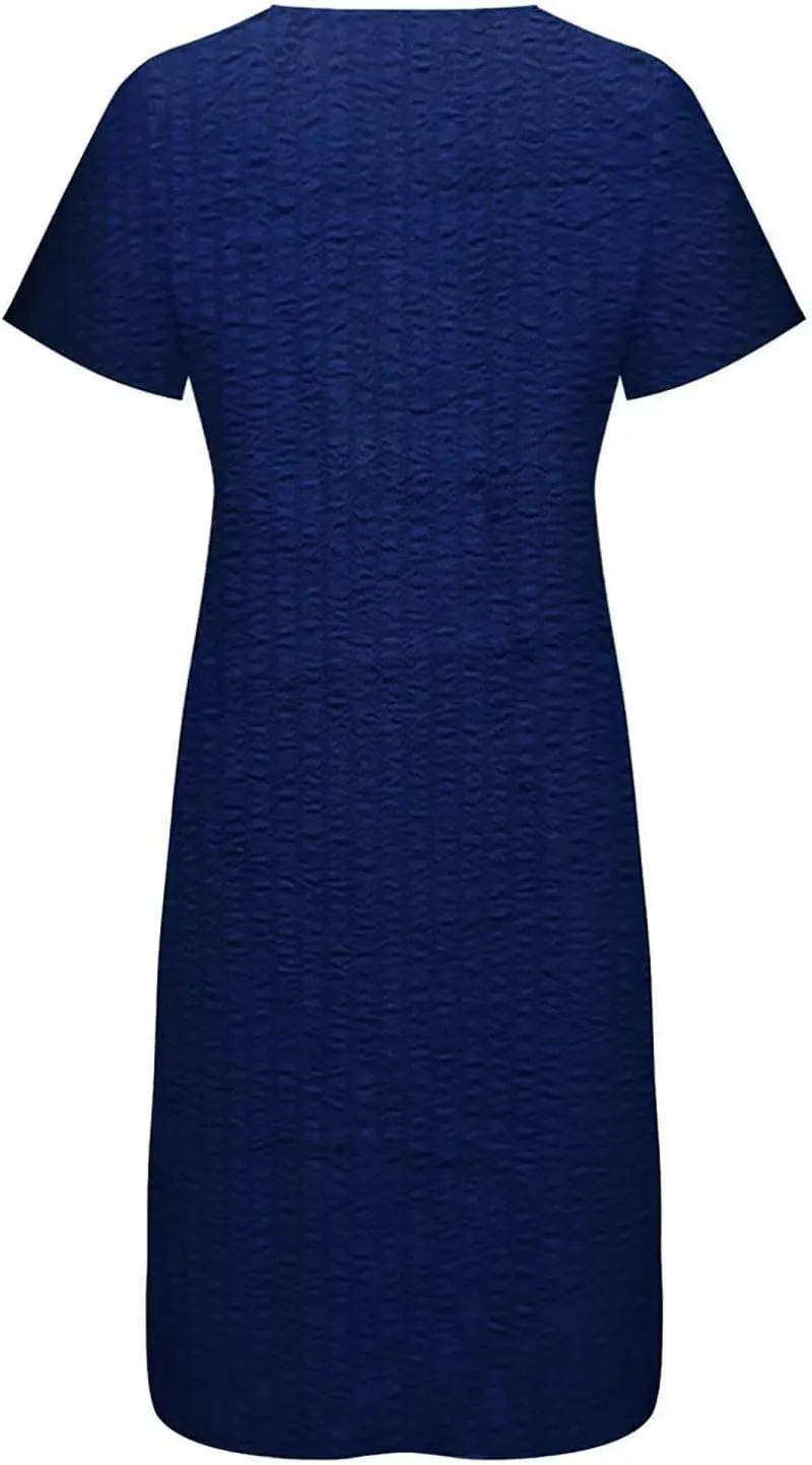 Womens Summer Short Sleeve Wrap V Neck Mini Sundress Button Down Boho Floral Long Dress Basic Casual Dresses 2025