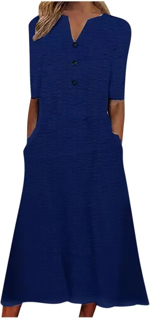 Womens Summer Short Sleeve Wrap V Neck Mini Sundress Button Down Boho Floral Long Dress Basic Casual Dresses 2025
