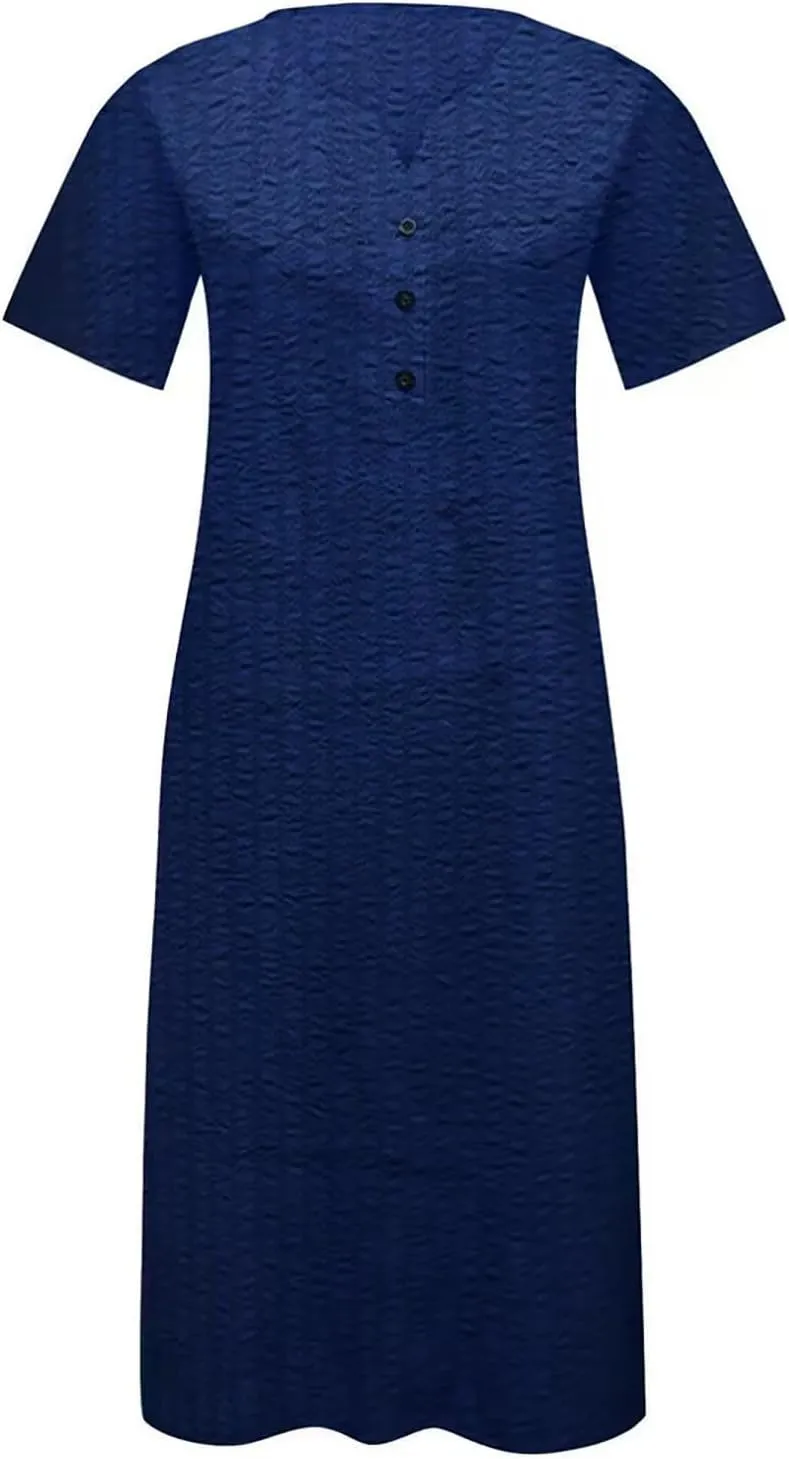 Womens Summer Short Sleeve Wrap V Neck Mini Sundress Button Down Boho Floral Long Dress Basic Casual Dresses 2025