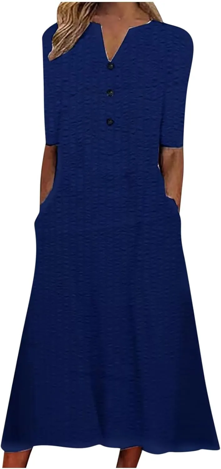Womens Summer Short Sleeve Wrap V Neck Mini Sundress Button Down Boho Floral Long Dress Basic Casual Dresses 2025