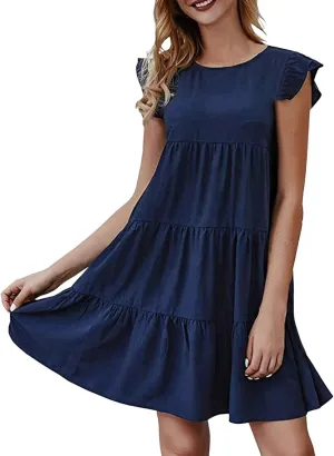Women's Summer Sleeveless Ruffle Sleeve Round Neck Solid Color Loose Short Flowy Pleated Mini Swing Dress