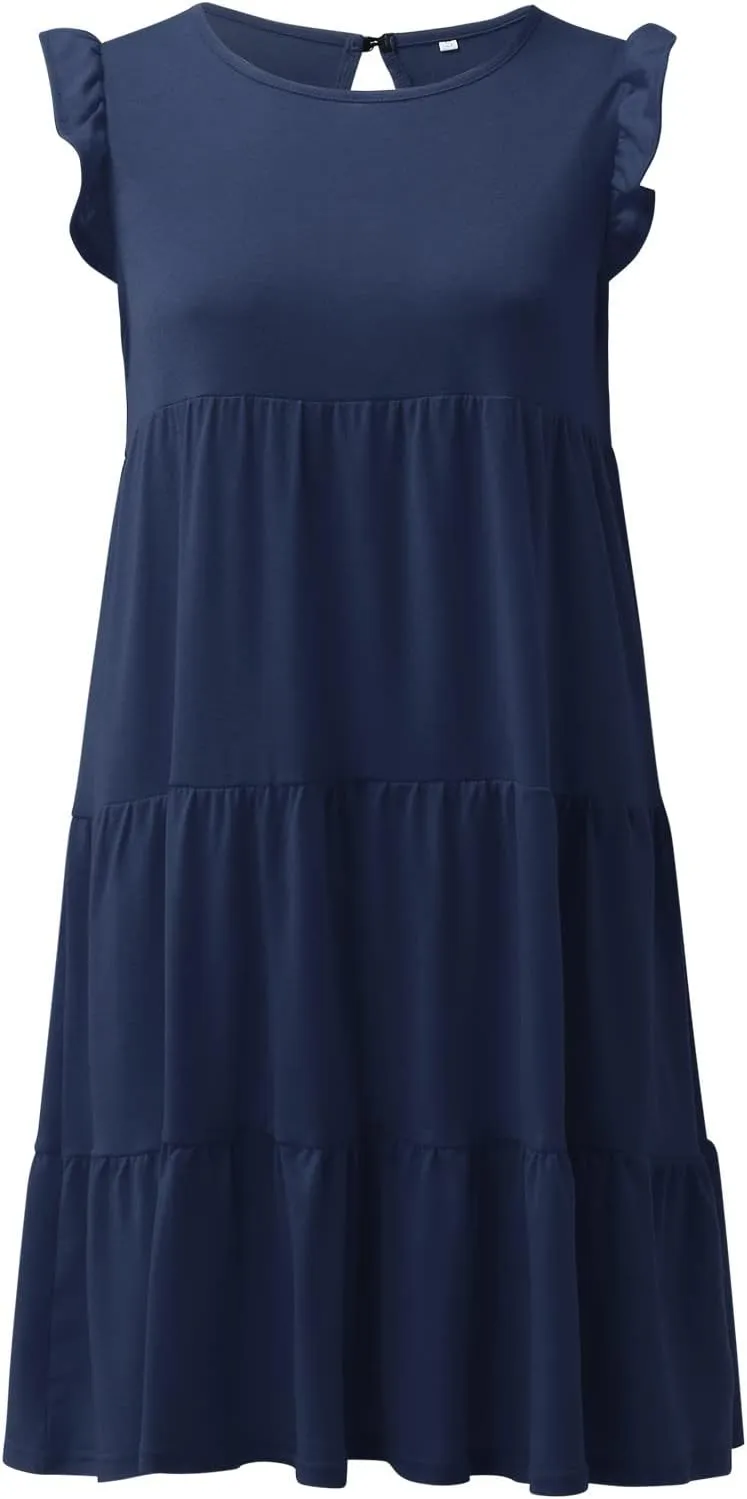 Women's Summer Sleeveless Ruffle Sleeve Round Neck Solid Color Loose Short Flowy Pleated Mini Swing Dress