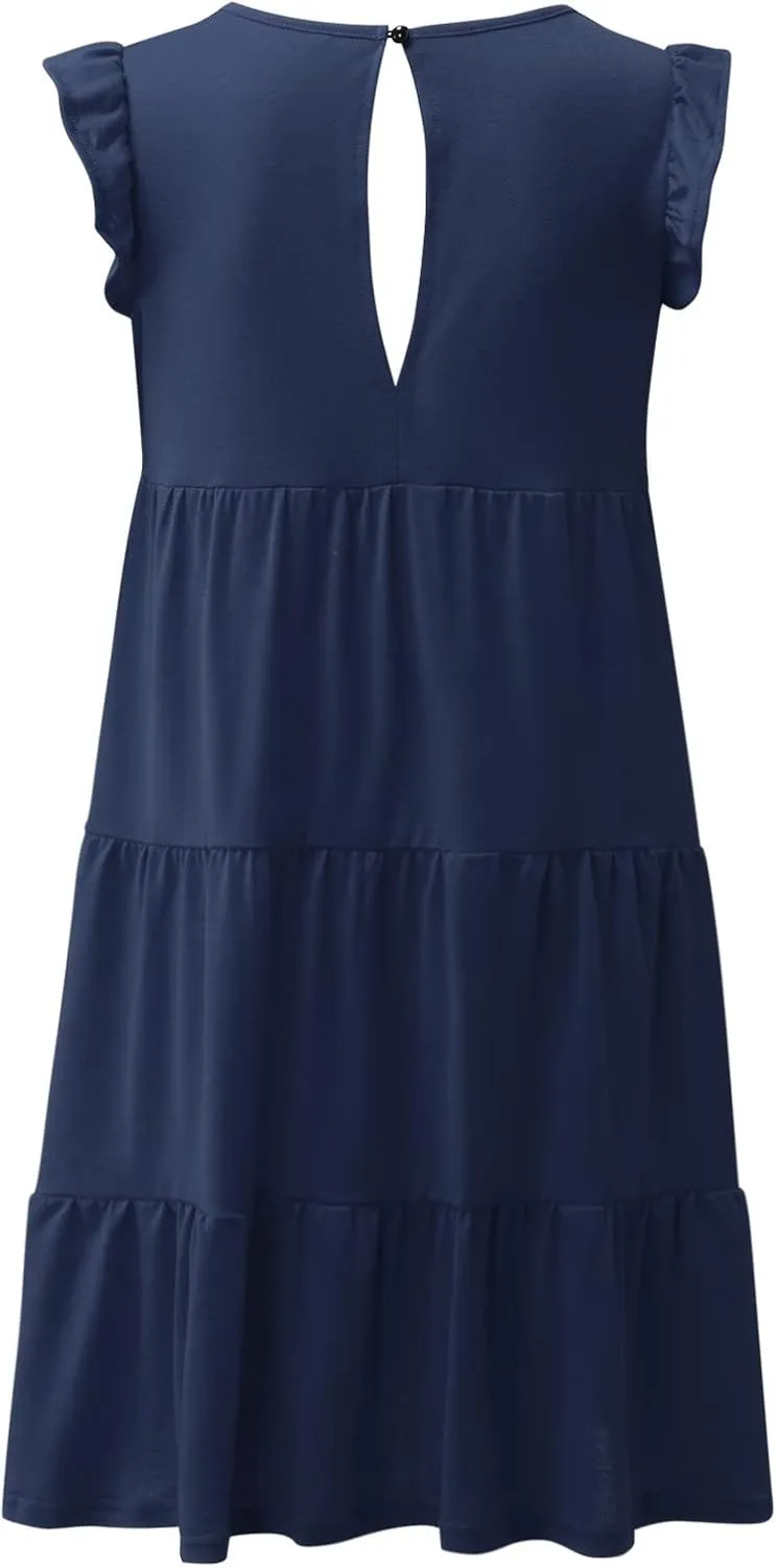 Women's Summer Sleeveless Ruffle Sleeve Round Neck Solid Color Loose Short Flowy Pleated Mini Swing Dress