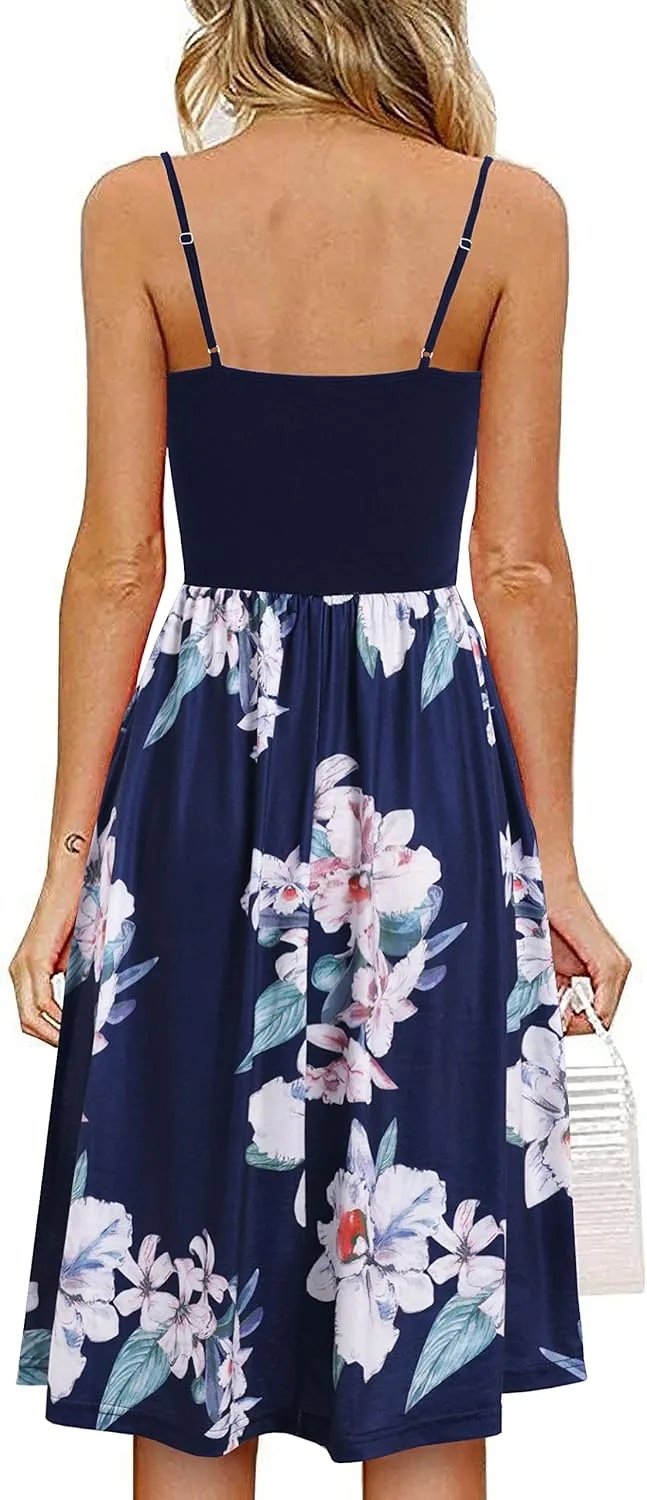 Women's Summer Spaghetti Straps Dress V-Neck Gathered Front Floral Patterned Casual Sundresses with Pockets