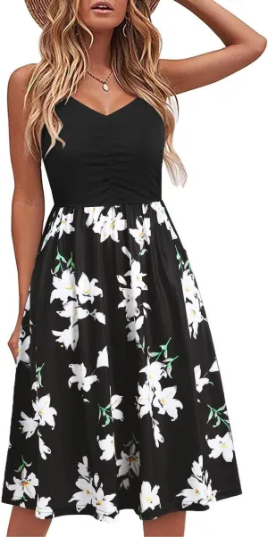 Women's Summer Spaghetti Straps Dress V-Neck Gathered Front Floral Patterned Casual Sundresses with Pockets