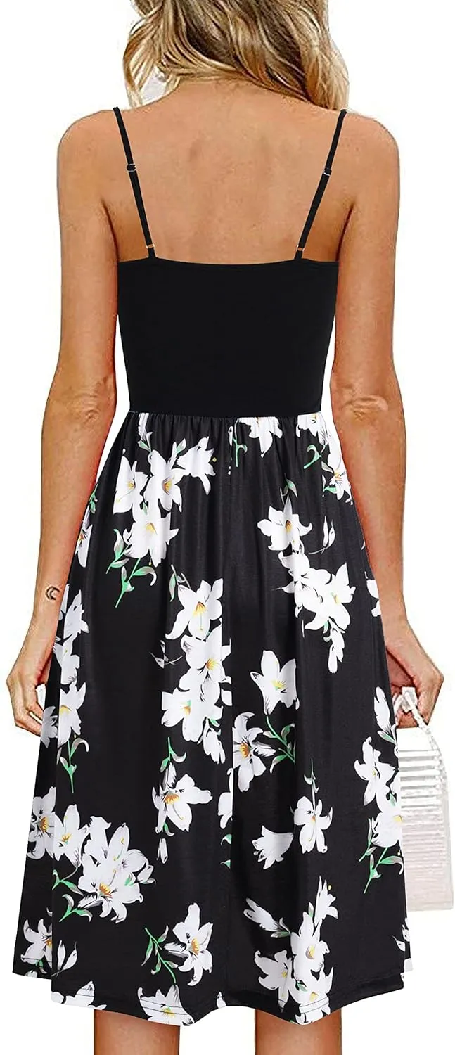 Women's Summer Spaghetti Straps Dress V-Neck Gathered Front Floral Patterned Casual Sundresses with Pockets