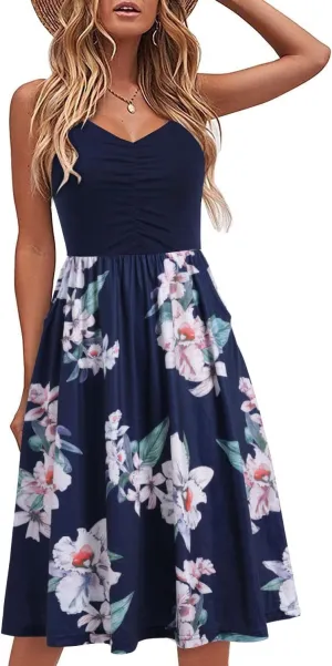 Women's Summer Spaghetti Straps Dress V-Neck Gathered Front Floral Patterned Casual Sundresses with Pockets