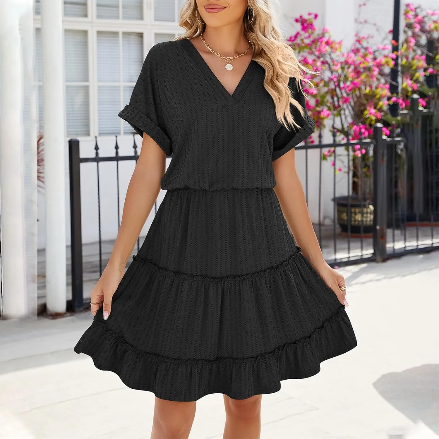 Womens Summer T Shirts Dresses Casual Roll Up Short Sleeve Trendy Textured Flowy Ruffle Tiered A Line Swing Mini Dress