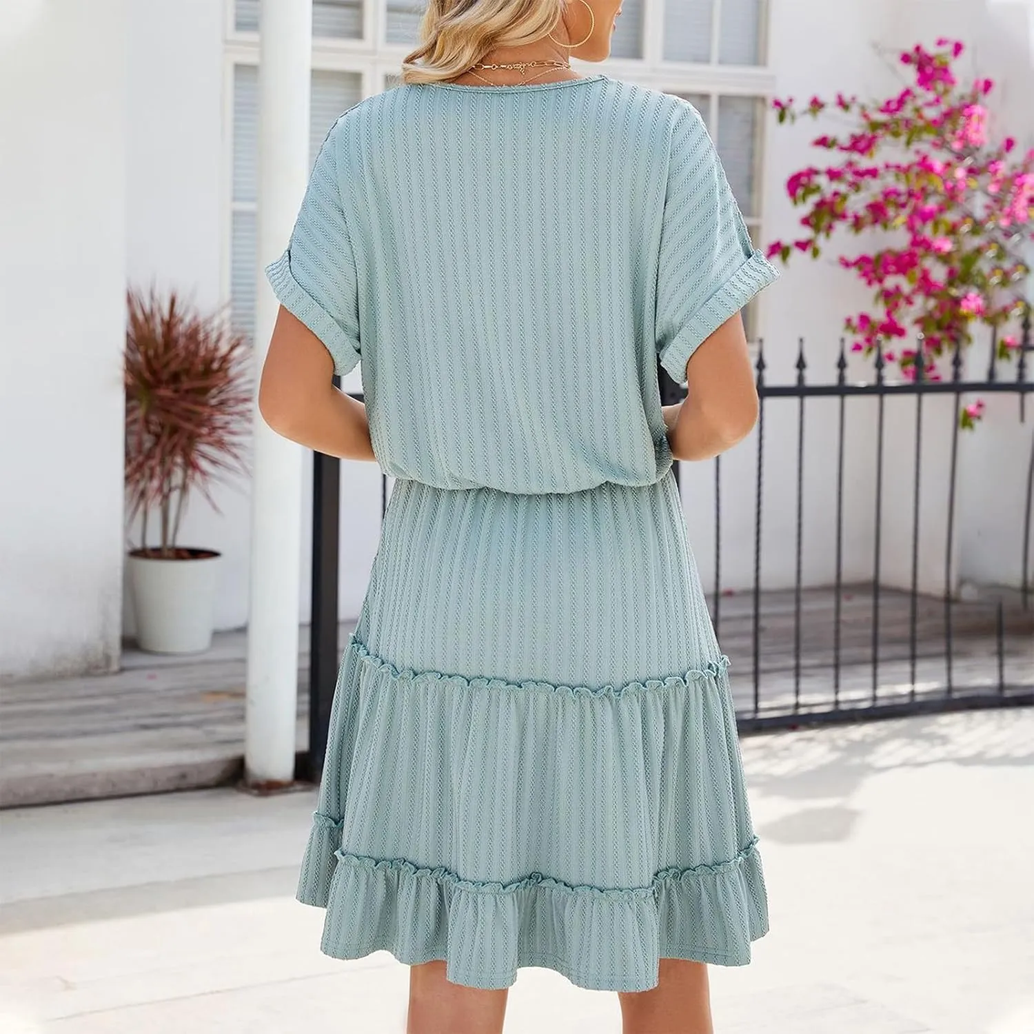 Womens Summer T Shirts Dresses Casual Roll Up Short Sleeve Trendy Textured Flowy Ruffle Tiered A Line Swing Mini Dress