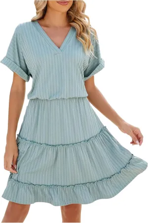 Womens Summer T Shirts Dresses Casual Roll Up Short Sleeve Trendy Textured Flowy Ruffle Tiered A Line Swing Mini Dress