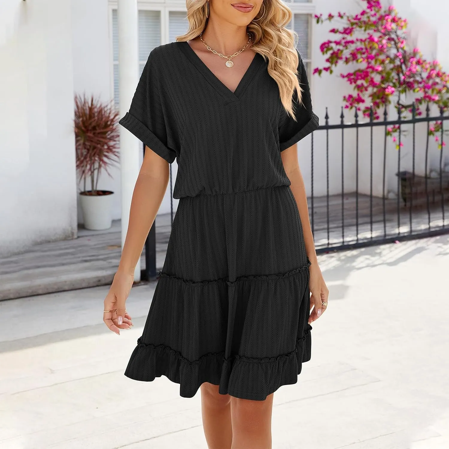 Womens Summer T Shirts Dresses Casual Roll Up Short Sleeve Trendy Textured Flowy Ruffle Tiered A Line Swing Mini Dress
