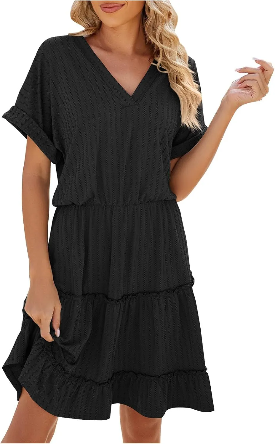 Womens Summer T Shirts Dresses Casual Roll Up Short Sleeve Trendy Textured Flowy Ruffle Tiered A Line Swing Mini Dress